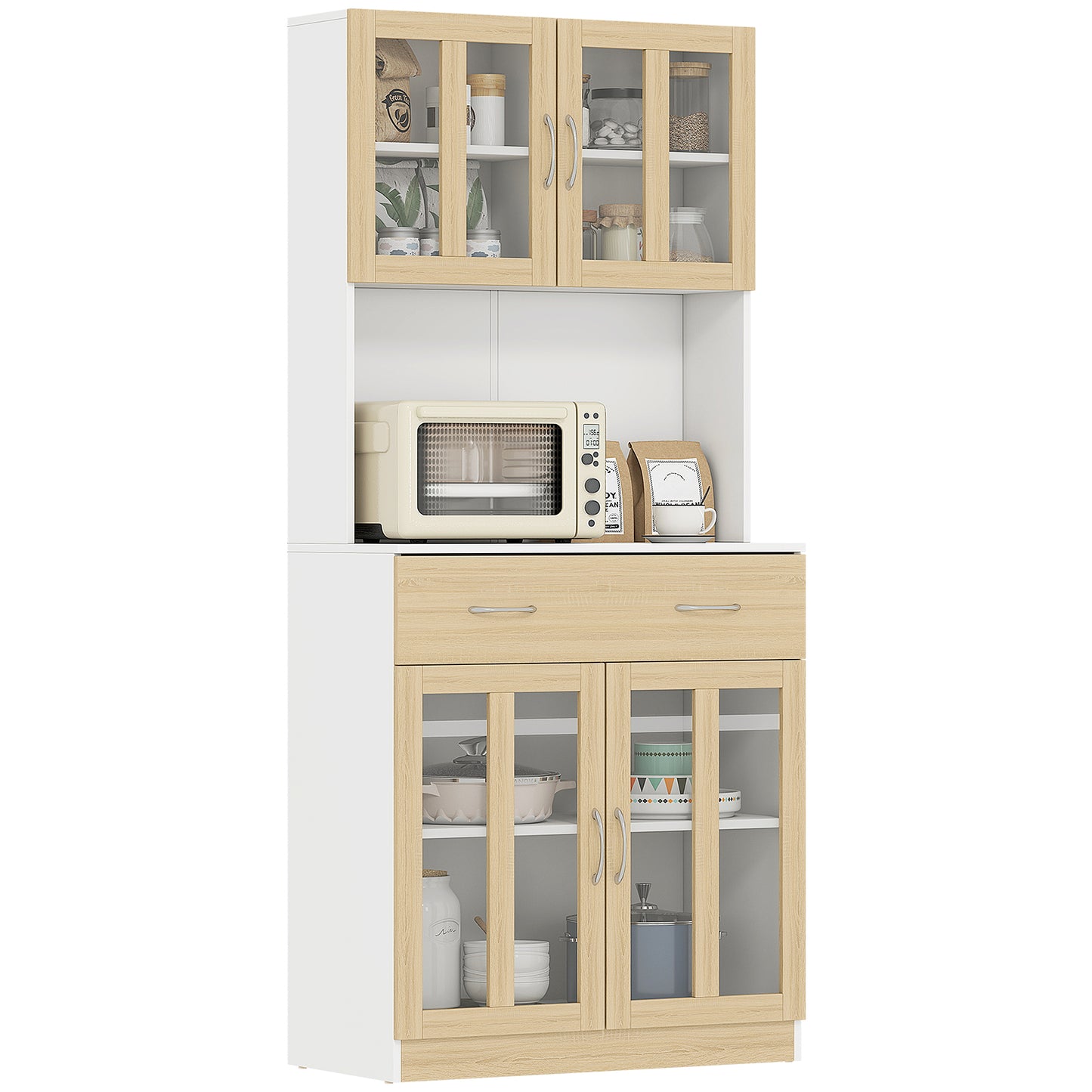Photo of HOMCOM Modern Kitchen Cupboard, Freestanding Storage Cabinet Hutch with Central Drawer, 2 Glass Door Cabinets, White in White colour on a white background