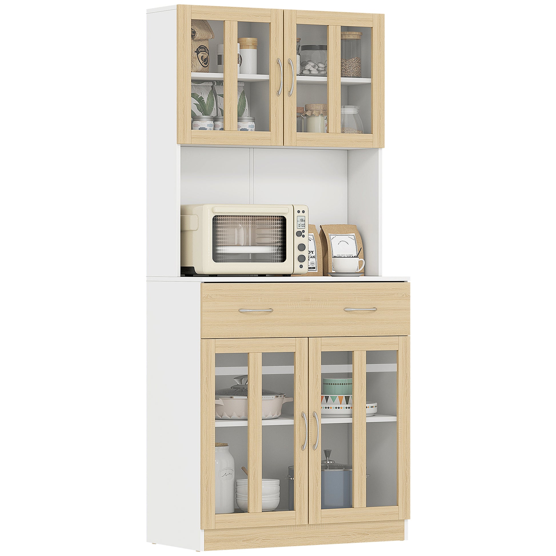 Photo of HOMCOM Modern Kitchen Cupboard, Freestanding Storage Cabinet Hutch with Central Drawer, 2 Glass Door Cabinets, White in White colour on a white background