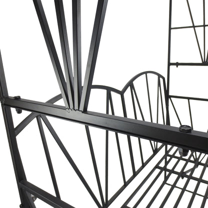Close-up of the bench's metal trellis, backrest, and slatted seat