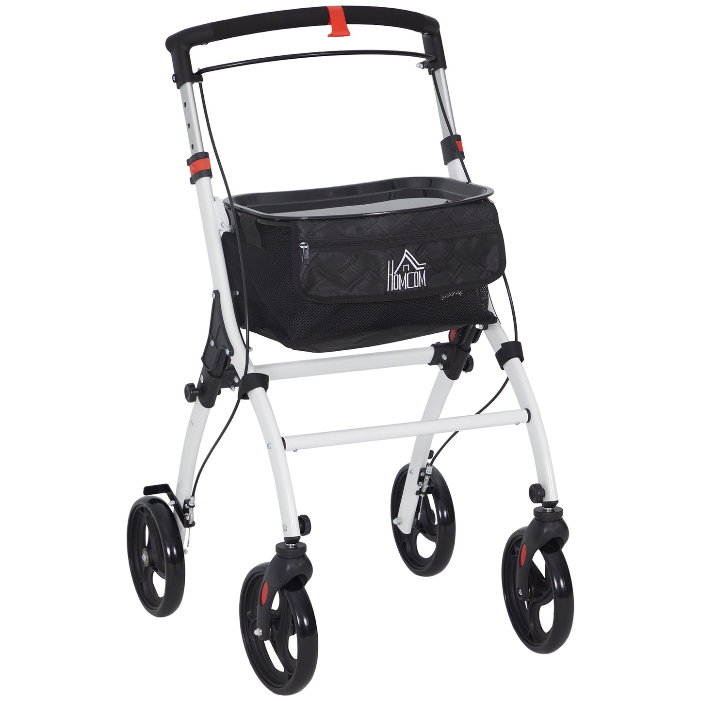 Photo of HOMCOM Folding Upright Rollator Walker with Lightweight Walking Frame, Storage Bag, Tray, Dual Brakes, Adjustable Handle Height, Mobility Aid Rolling 4 Wheeled Walker for Seniors, White in White colour on a white background