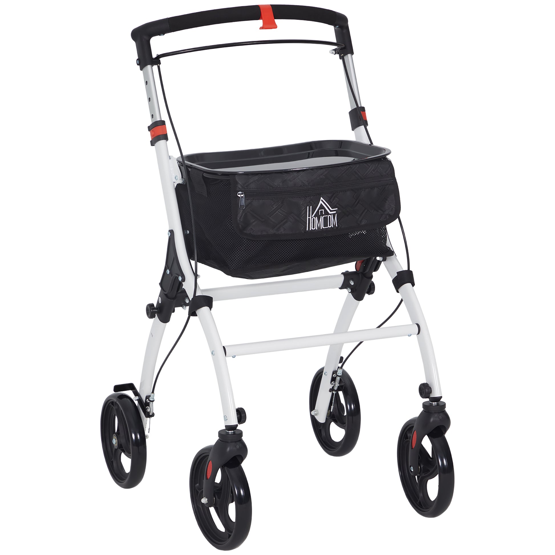 Photo of HOMCOM Folding Upright Rollator Walker with Lightweight Walking Frame, Storage Bag, Tray, Dual Brakes, Adjustable Handle Height, Mobility Aid Rolling 4 Wheeled Walker for Seniors, White in White colour on a white background