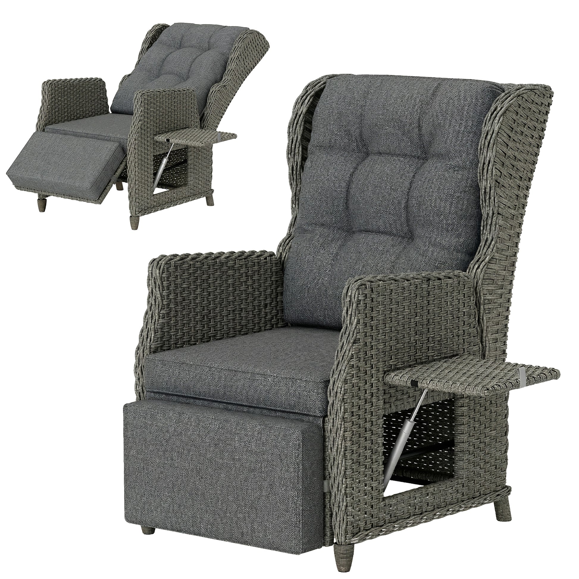 Photo of Outsunny Rattan Garden Recliner Chair, Reclining Garden Chair with Adjustable Back and Footrest, Flip Table, Cushion, Dark Grey in Grey colour on a white background