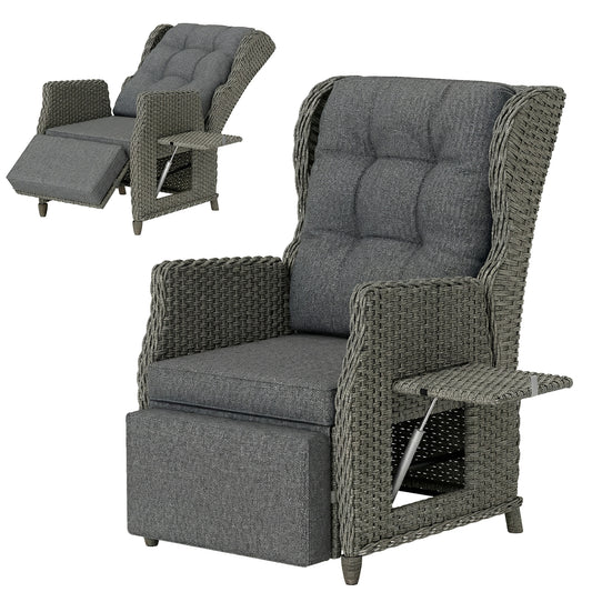 Photo of Outsunny Rattan Garden Recliner Chair, Reclining Garden Chair with Adjustable Back and Footrest, Flip Table, Cushion, Dark Grey in Grey colour on a white background