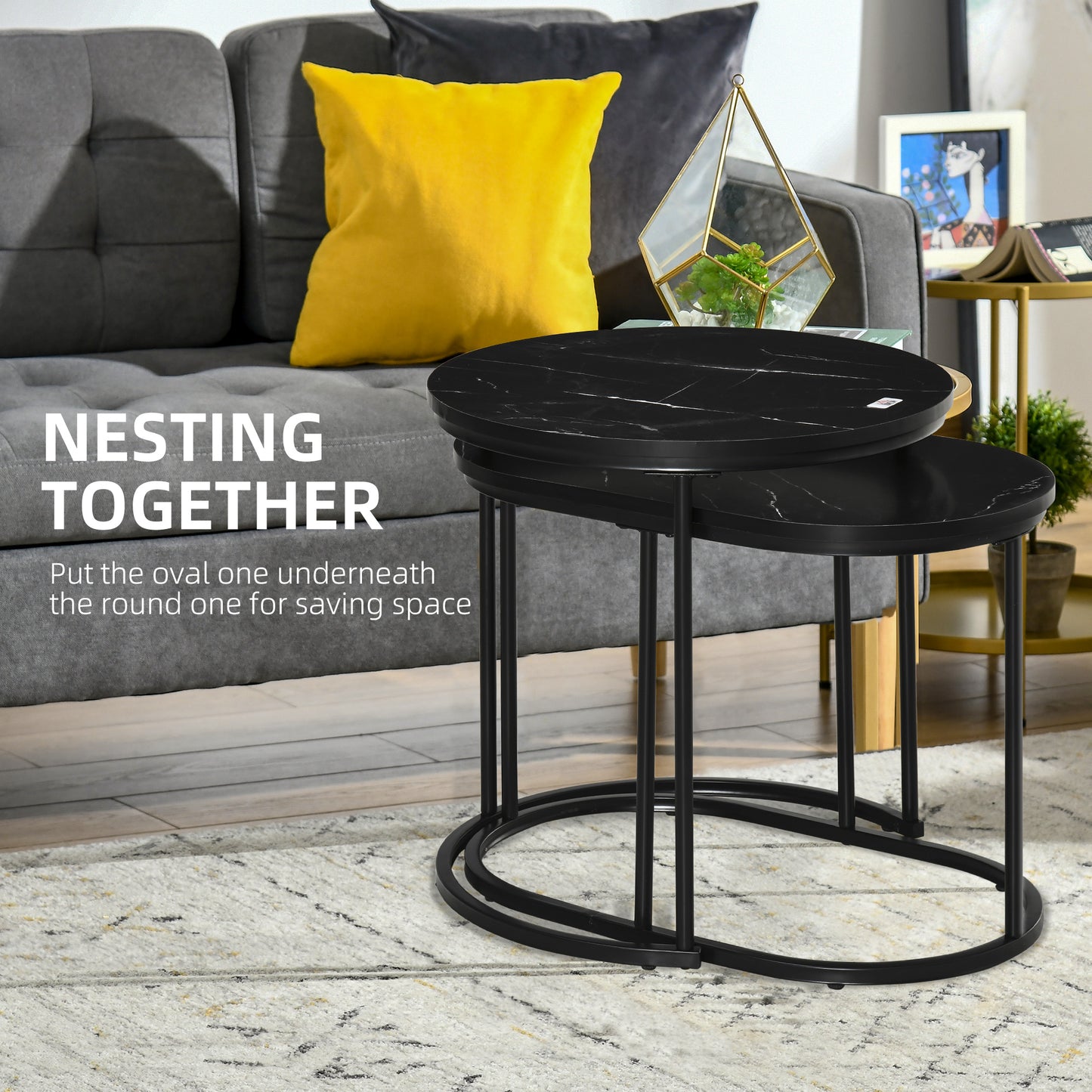 HOMCOM Nest of Tables with Steel Frame and Faux Marble Tabletop, Modern Coffee Table Set of 2, Black/White