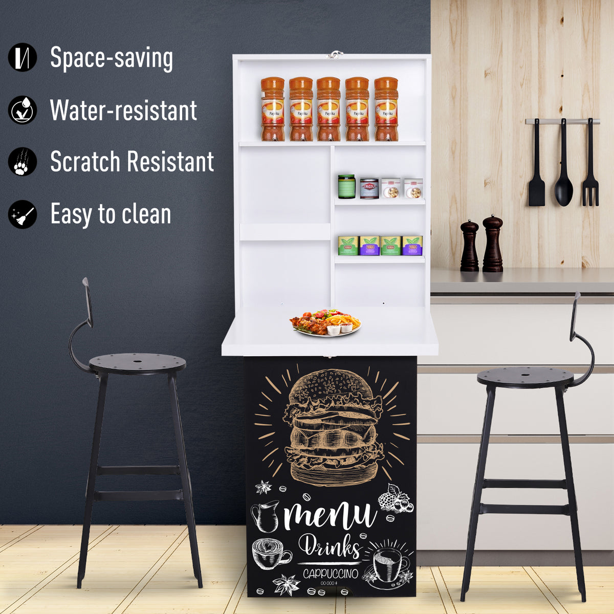 HOMCOM wall-mounted drop-leaf table open as a counter, with chalkboard front and storage shelves