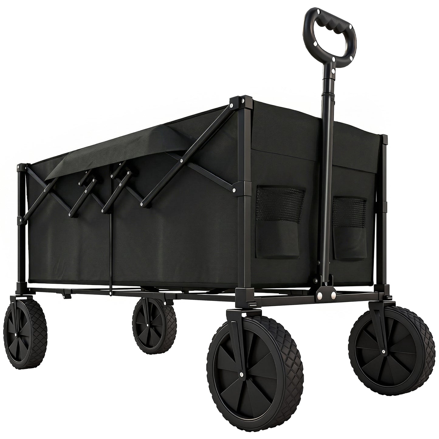 Photo of Outsunny 95L Foldable Festival Trolley on Wheels, Collapsible Wagon Cart with Adjustable Handle and 2 Cup Holders, Black in Black colour on a white background