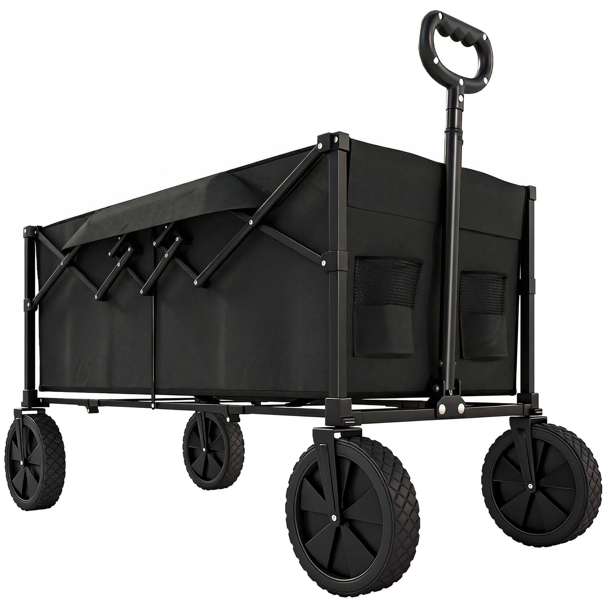 Photo of Outsunny 95L Foldable Festival Trolley on Wheels, Collapsible Wagon Cart with Adjustable Handle and 2 Cup Holders, Black in Black colour on a white background