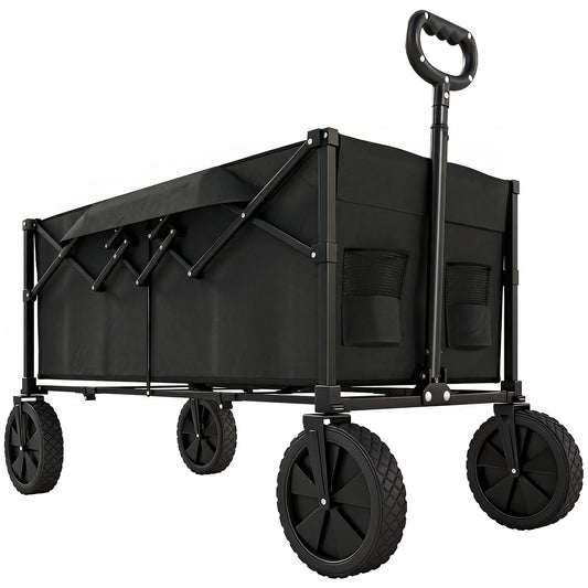 Photo of Outsunny 95L Foldable Festival Trolley on Wheels, Collapsible Wagon Cart with Adjustable Handle and 2 Cup Holders, Black in Black colour on a white background