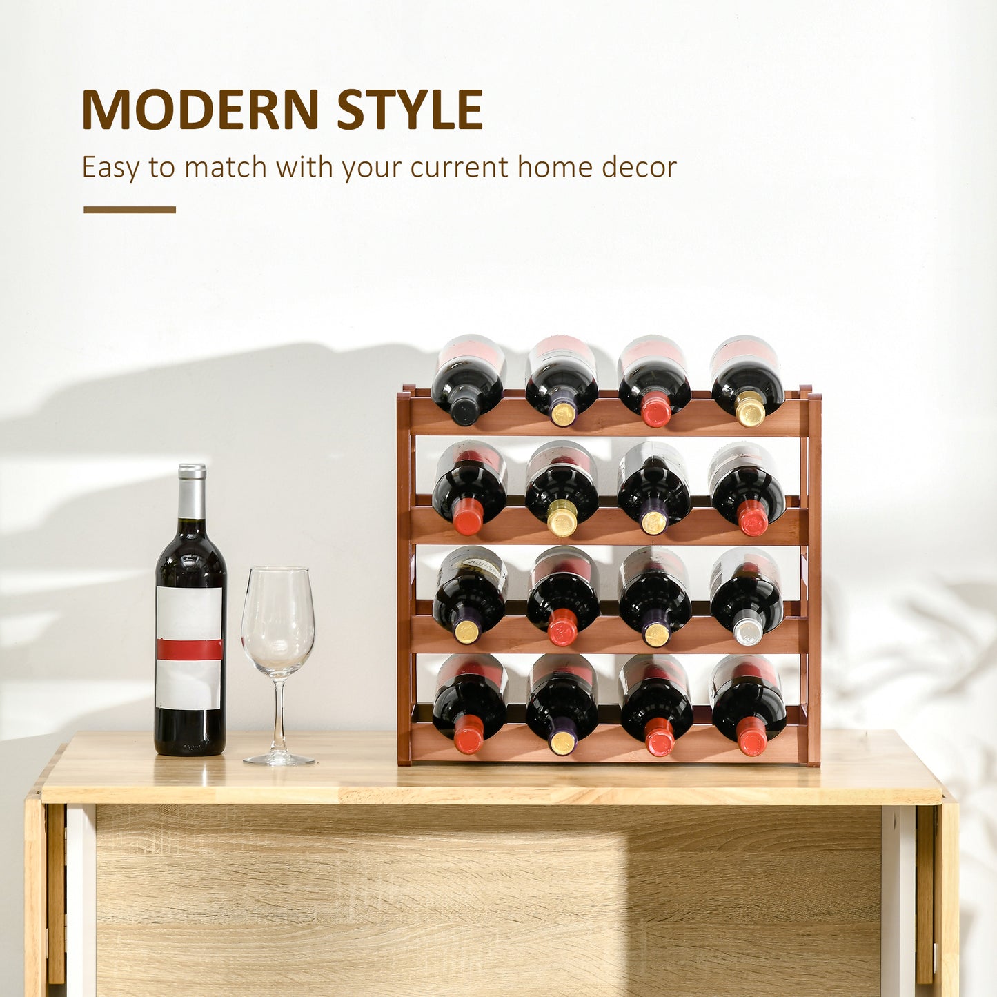 HOMCOM Free Standing Bamboo Wine Rack with 16 Bottles Holder, 4-tier Water Bottle Organiser, Display Shelf for Countertop, Home Bar, Brown