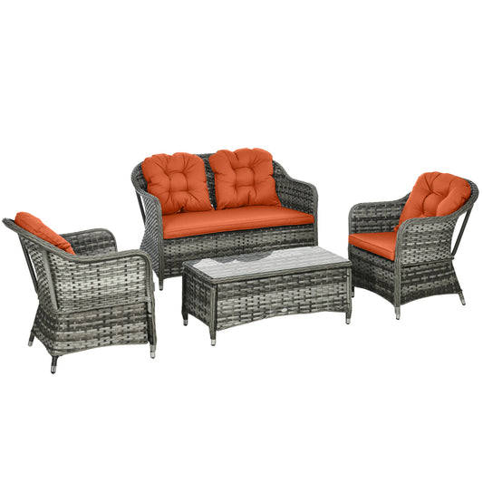 Photo of Outsunny Four-Piece Rattan Sofa Set, with Glass-Top Table - Orange in Orange colour on a white background