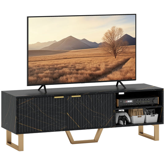 Photo of HOMCOM Marble Effect TV Unit, Modern TV Stand Cabinet for up to 70" TVs, with Shelves and Storage Cupboard, Fluted Door, Extra Centre Leg, Cable Management for Living Room, Black in Black colour on a white background