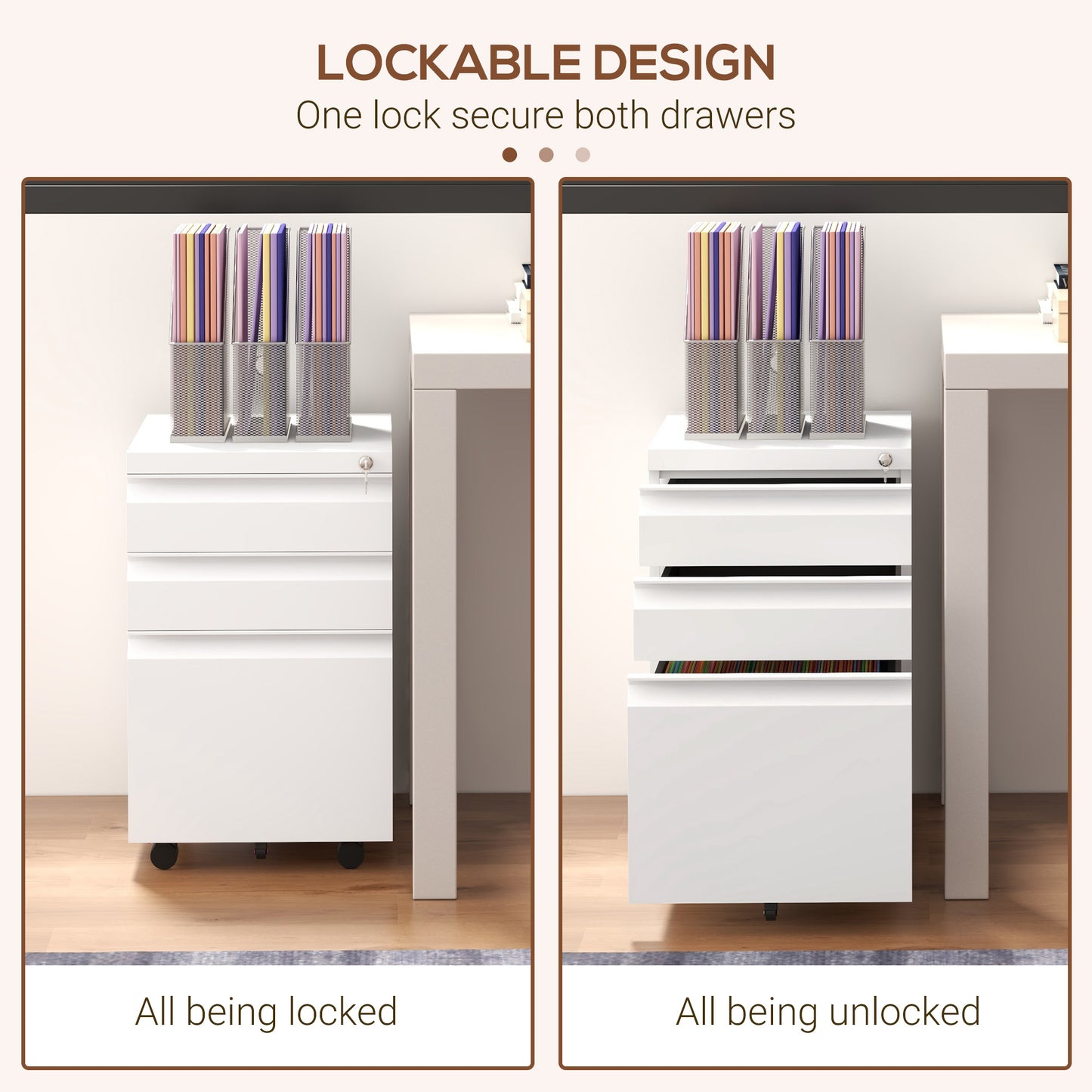 Vinsetto 3-Drawer Filing Cabinet with Lock, Mobile Steel File Cabinet for A4, Legal and Letter Size, Under Desk Drawers with Pre-Assembled Body for Home Office, 37 x 43.5 x 60 cm, White