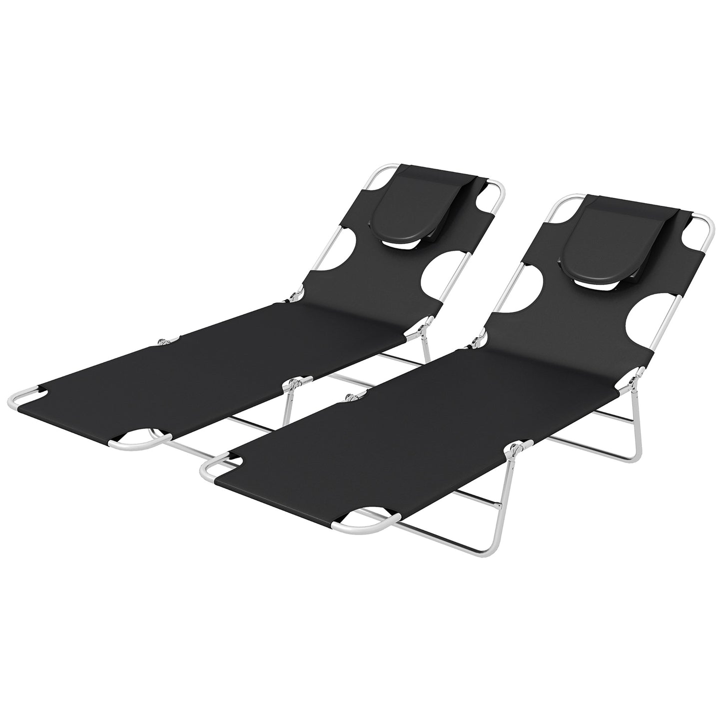 Photo of Outsunny Foldable Sun Lounger Set of 2, Beach Chaise Lounges with Reading Hole, Arm Slots, 5-Position Adjustable Backrest, Side Pocket, Pillow for Patio, Garden, Beach, Pool, Black in Black colour on a white background