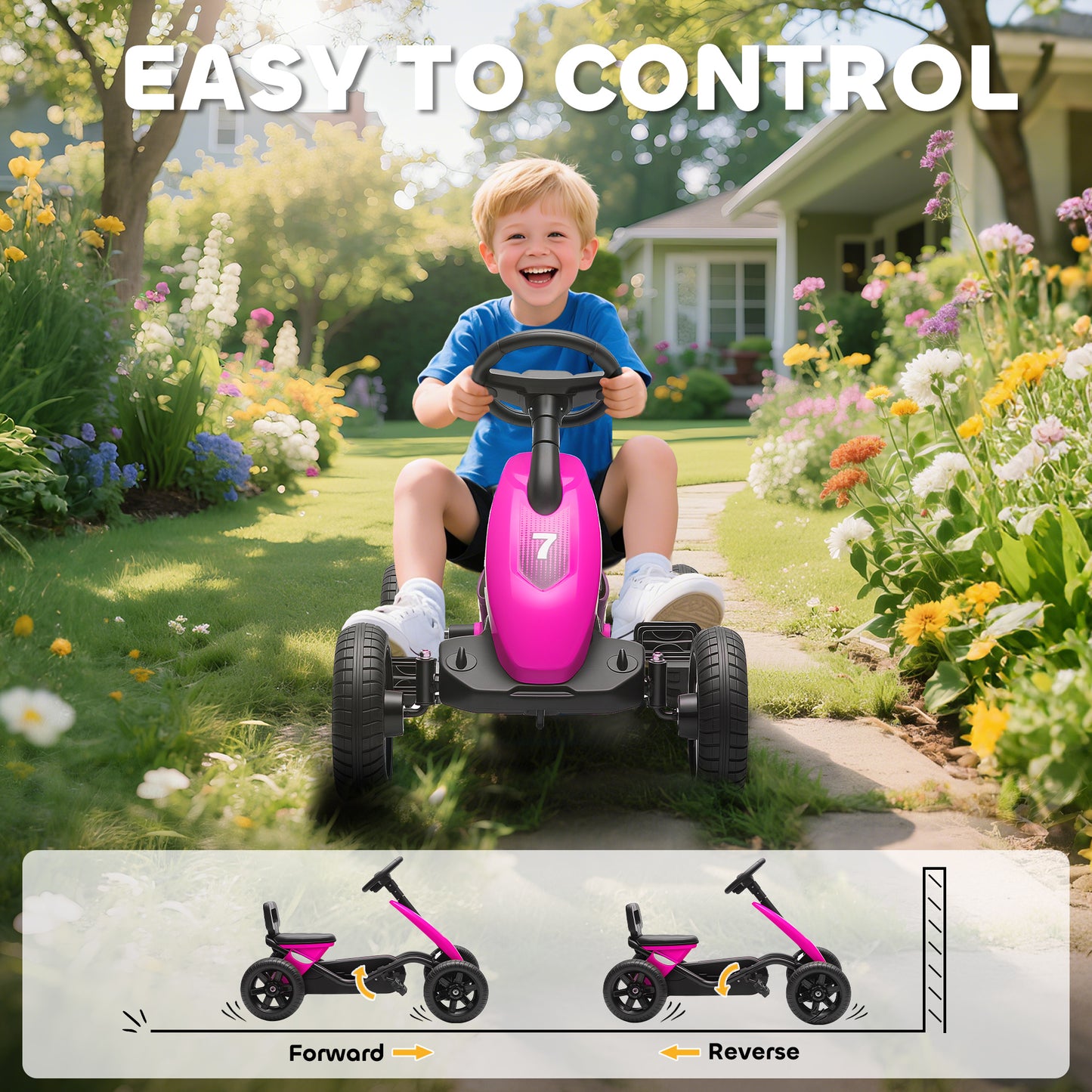 AIYAPLAY Pedal Go Kart for Kids 2-5 Years, with Silent EVA Wheels, Metal Frame, Pink