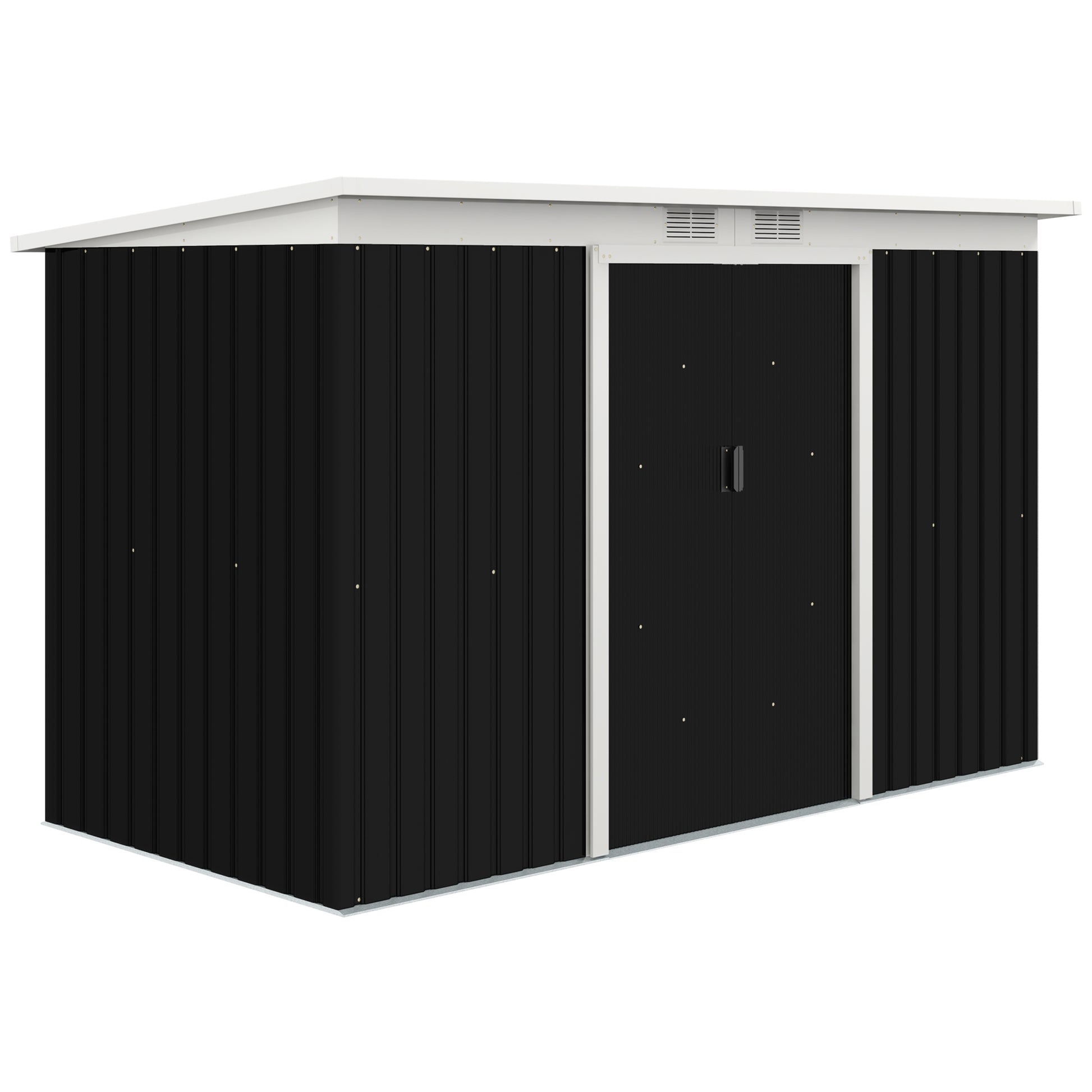 Photo of Outsunny 9ft x 4ft Metal Garden Shed, Outdoor Tool House with Foundation Kit, Ventilations and Double Doors, Dark Grey in Grey colour on a white background