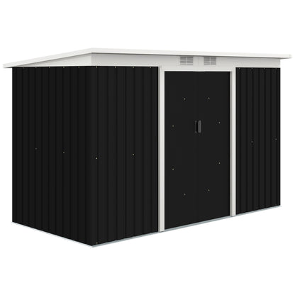 Outsunny dark gray metal garden shed with white apex roof and double doors