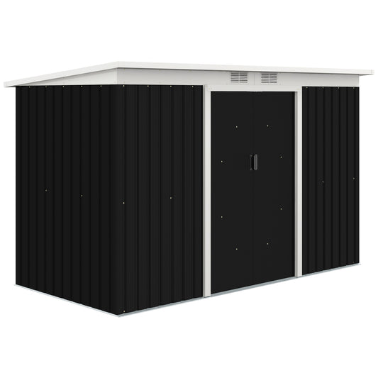 Photo of Outsunny 9ft x 4ft Metal Garden Shed, Outdoor Tool House with Foundation Kit, Ventilations and Double Doors, Dark Grey in Grey colour on a white background