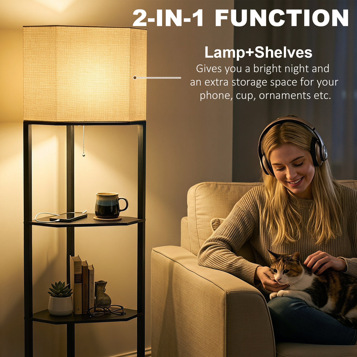Black corner floor lamp with beige shade and shelves displaying books and accessories