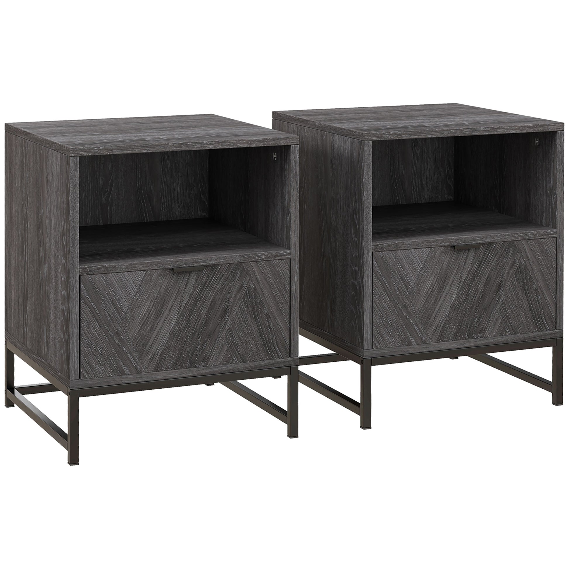 Photo of HOMCOM Bedside Table with Drawer and Shelf, Side End Table with Steel Legs for Living Room, Bedroom, Set of 2, Dark Grey in Grey colour on a white background