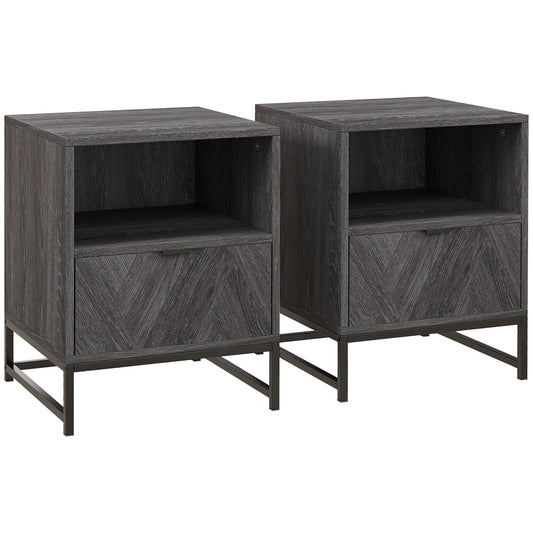 Photo of HOMCOM Bedside Table with Drawer and Shelf, Side End Table with Steel Legs for Living Room, Bedroom, Set of 2, Dark Grey in Grey colour on a white background