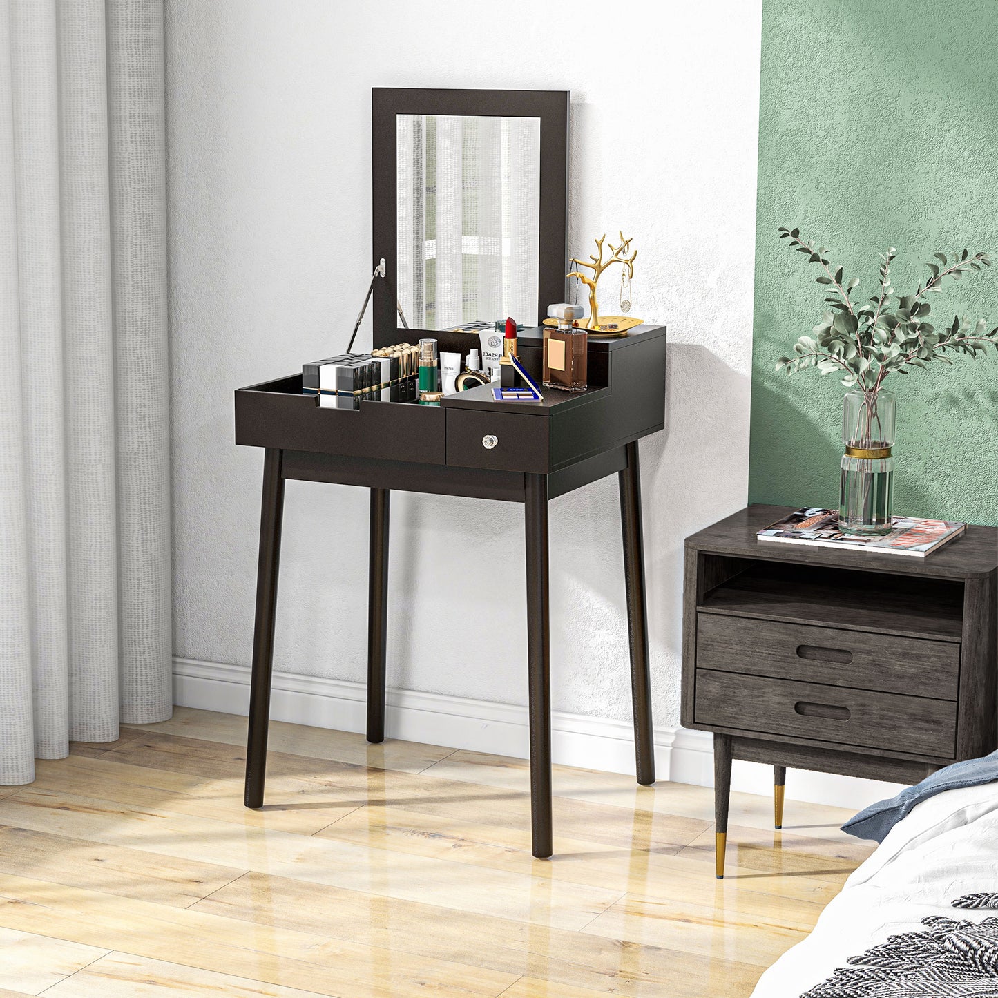 HOMCOM Dressing Table with Flip-up Mirror, Makeup Desk with 2 Drawers and Pine Wood Legs, Vanity Table Writing Desk for Bedroom Living Room, Black