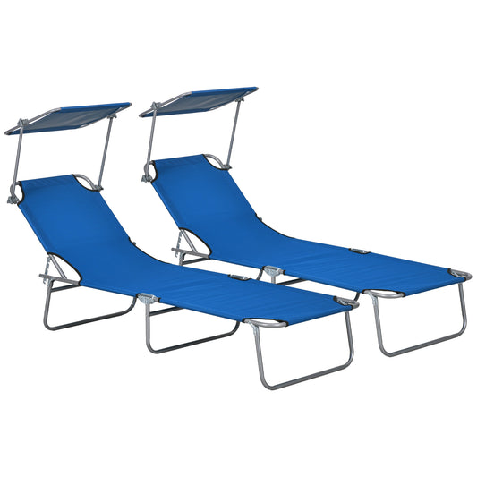 Photo of Outsunny Folding Sun Lounger Set of 2 with Canopy, Reclining Sunbed with 4-Position Adjustable Backrest, 600D Oxford Cloth, Portable Garden Lounger Recliner Chair for Beach, Camping, Patio, Blue in Blue colour on a white background