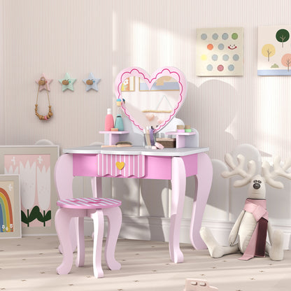 Pink children's vanity table with heart-shaped mirror, shelves, drawer and matching stool