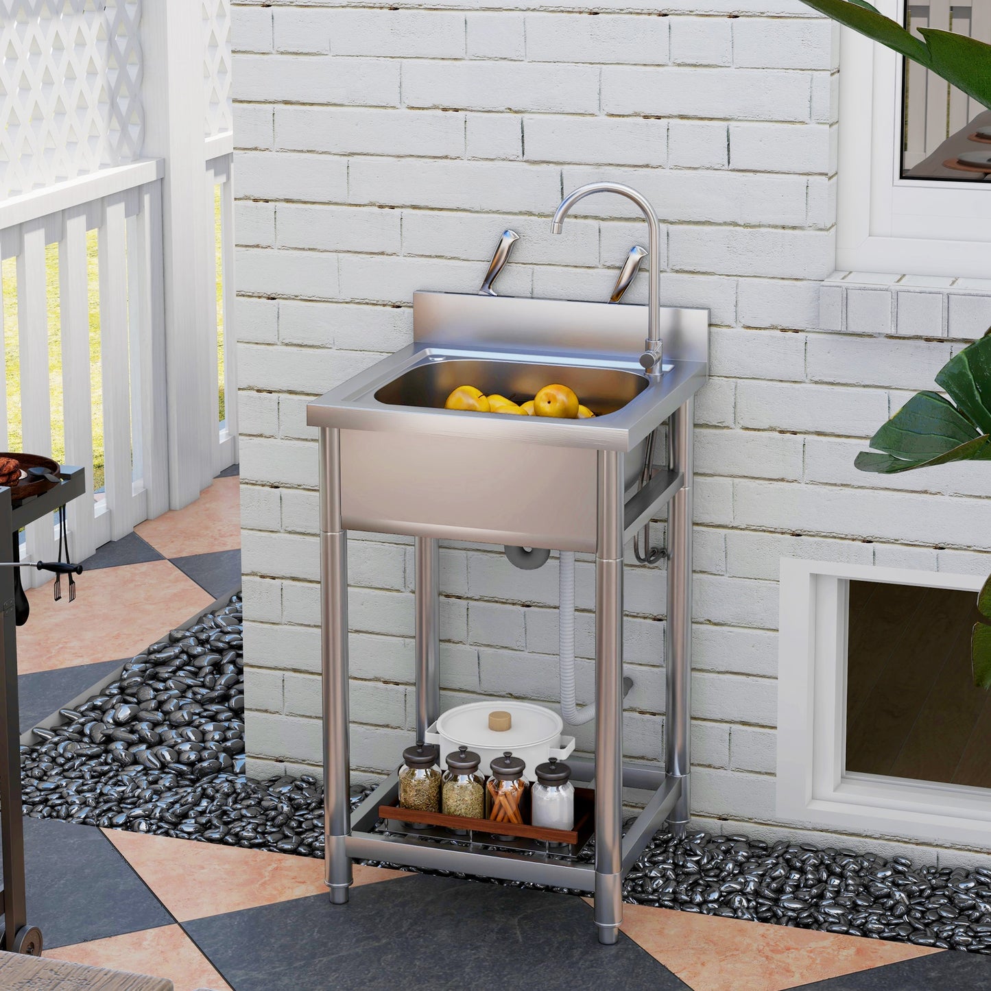HOMCOM Outdoor Utility Sink, Stainless Steel Free Standing Single Bowl Kitchen Sink with Cold and Hot Water Pipe and Storage Shelf for Laundry Garage, 55 x 50 x 100 cm