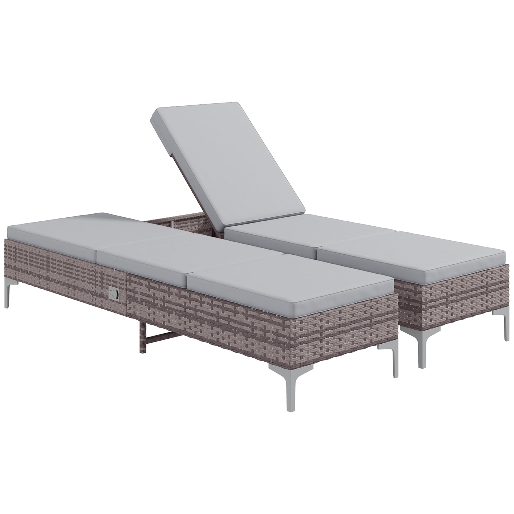 Photo of Outsunny Outdoor PE Rattan Sun Lounger Set of 2, Multi-position Backrest Adjustable Single Recliner Sunbed Daybed with Removeable & Washable Cushion, for Patio, Garden, Light Grey in Grey colour on a white background