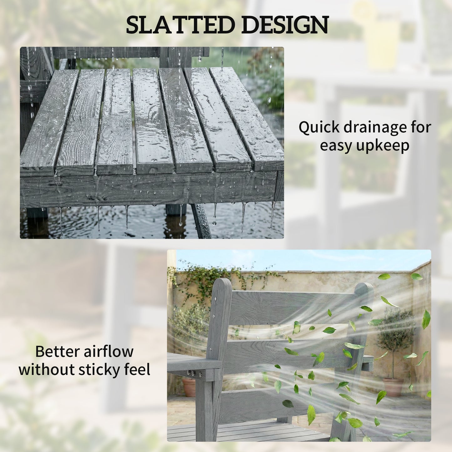 Outsunny Outdoor Garden Loveseat, Embossed Wooden Jack and Jill Garden Seat with Integrated Table, Grey