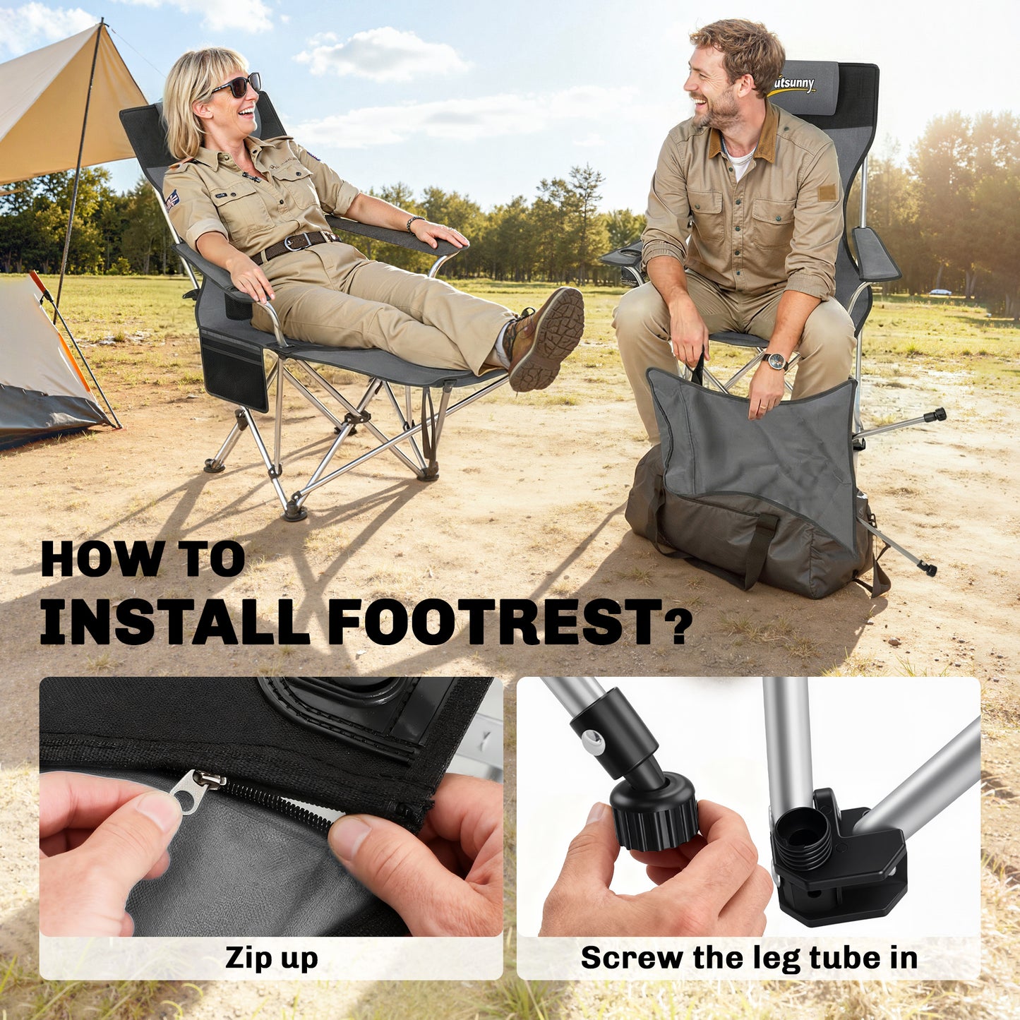 Outsunny Set of 2 Reclining Folding Camping Chair w/ Detachable Footrest, Storage Bag, Cup Holder & Headrest, Lightweight Portable Camp Chair for Beach, Picnic, Grey and Black