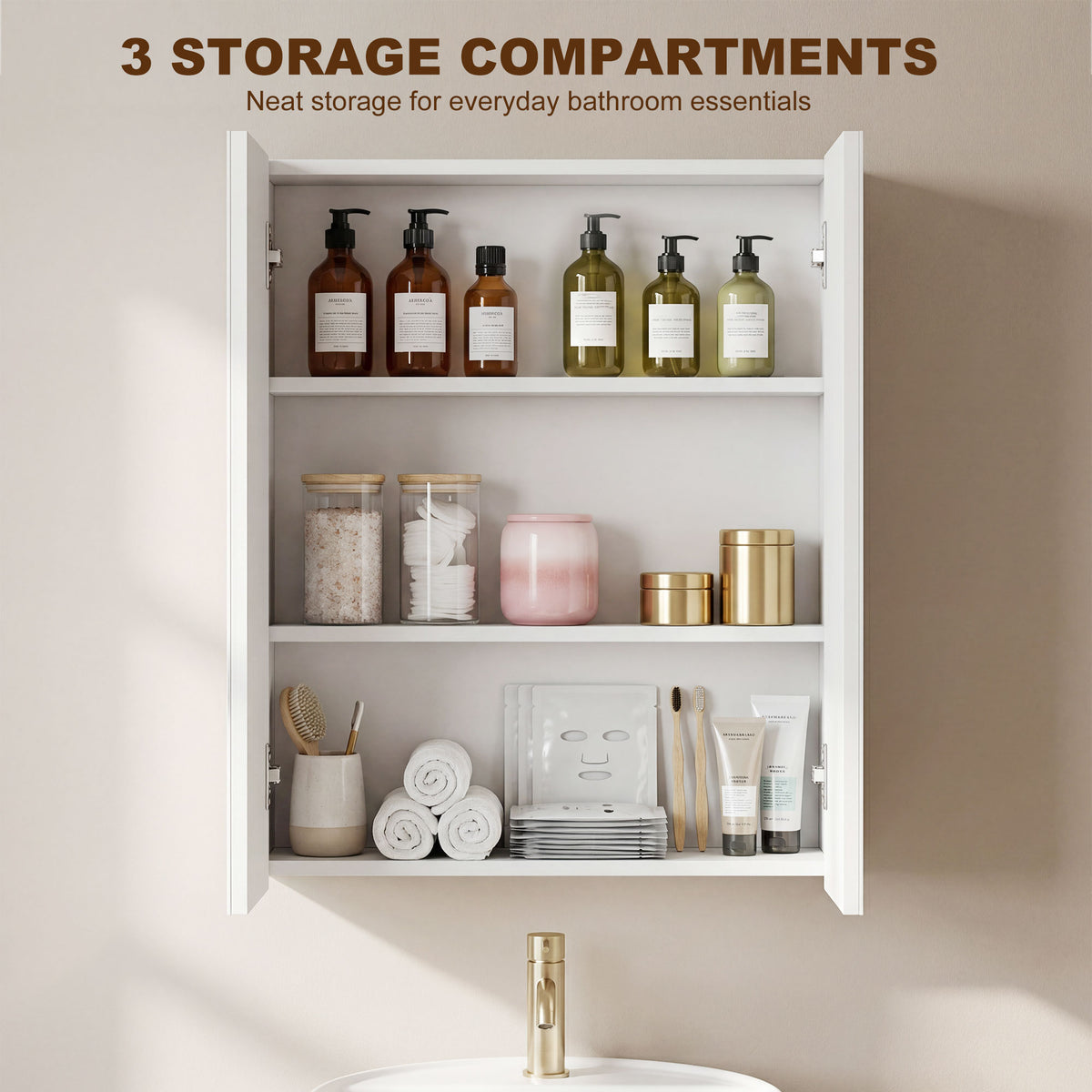White bathroom cabinet open to show three storage compartments and adjustable shelves.
