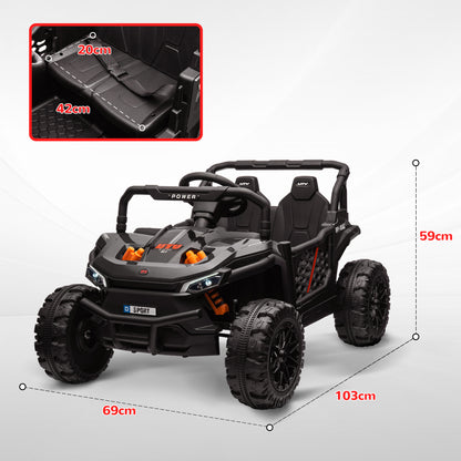 AIYAPLAY black ride-on truck with two seats; dimension graphic shows 103 cm long, 69 cm wide, 59 cm tall