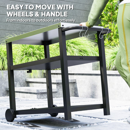 Outsunny grill cart with black frame, wheels, side handle, and hanging hooks