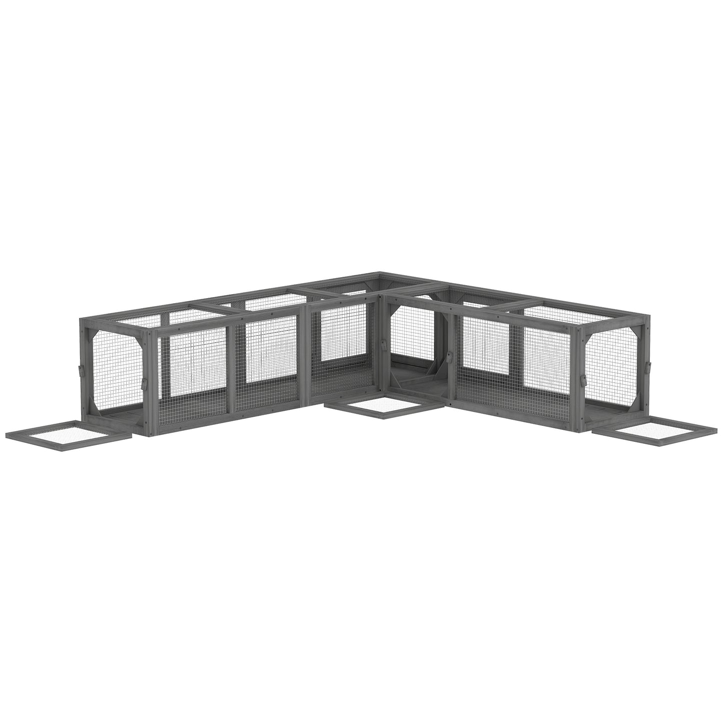 Photo of PawHut Cat Tunnel, 250cm Extra Long Wooden Cat Play Tunnel with 8 Doors, L-shape/Rectangle, Outdoor Cat Enclosure, Dark Grey in Grey colour on a white background