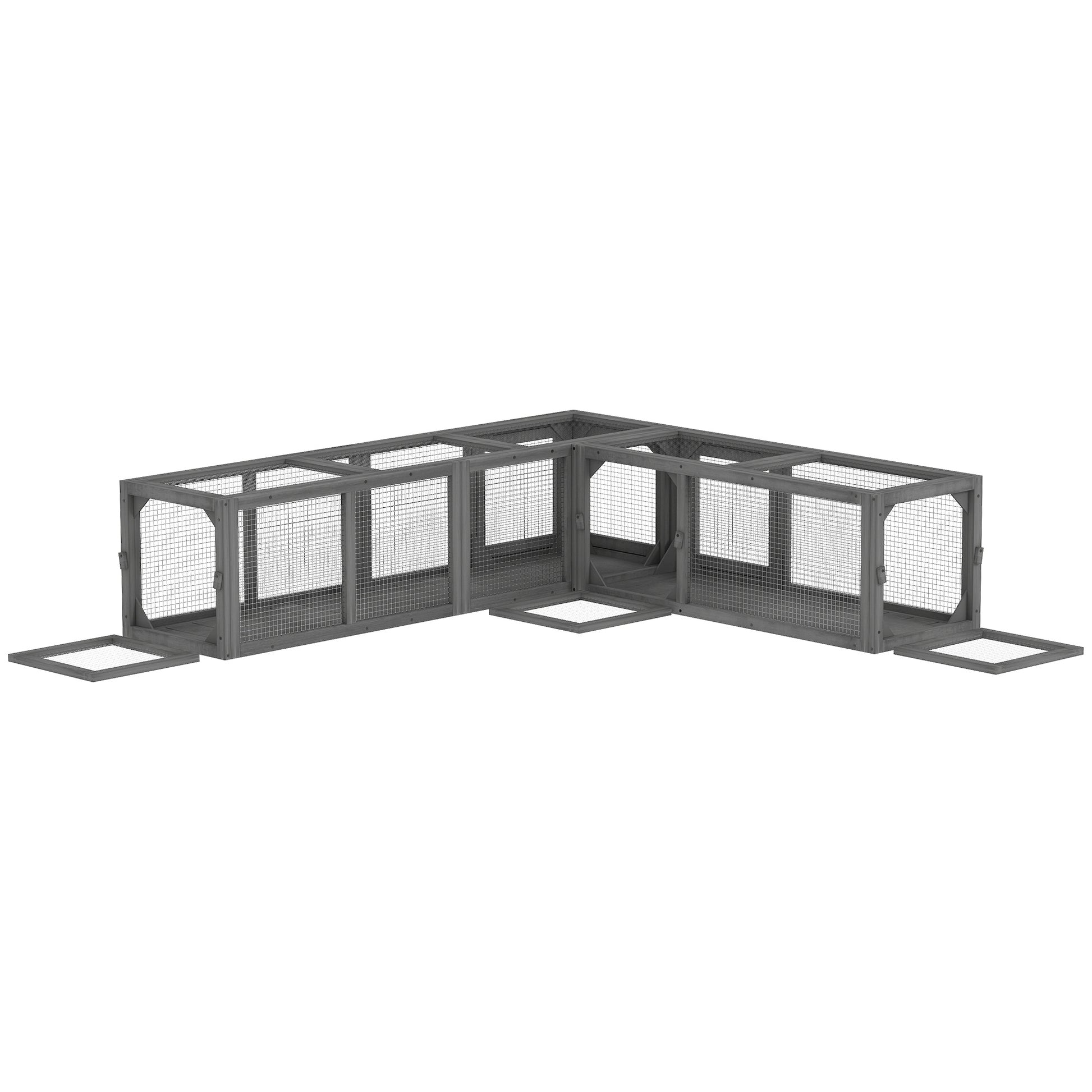 Photo of PawHut Cat Tunnel, 250cm Extra Long Wooden Cat Play Tunnel with 8 Doors, L-shape/Rectangle, Outdoor Cat Enclosure, Dark Grey in Grey colour on a white background