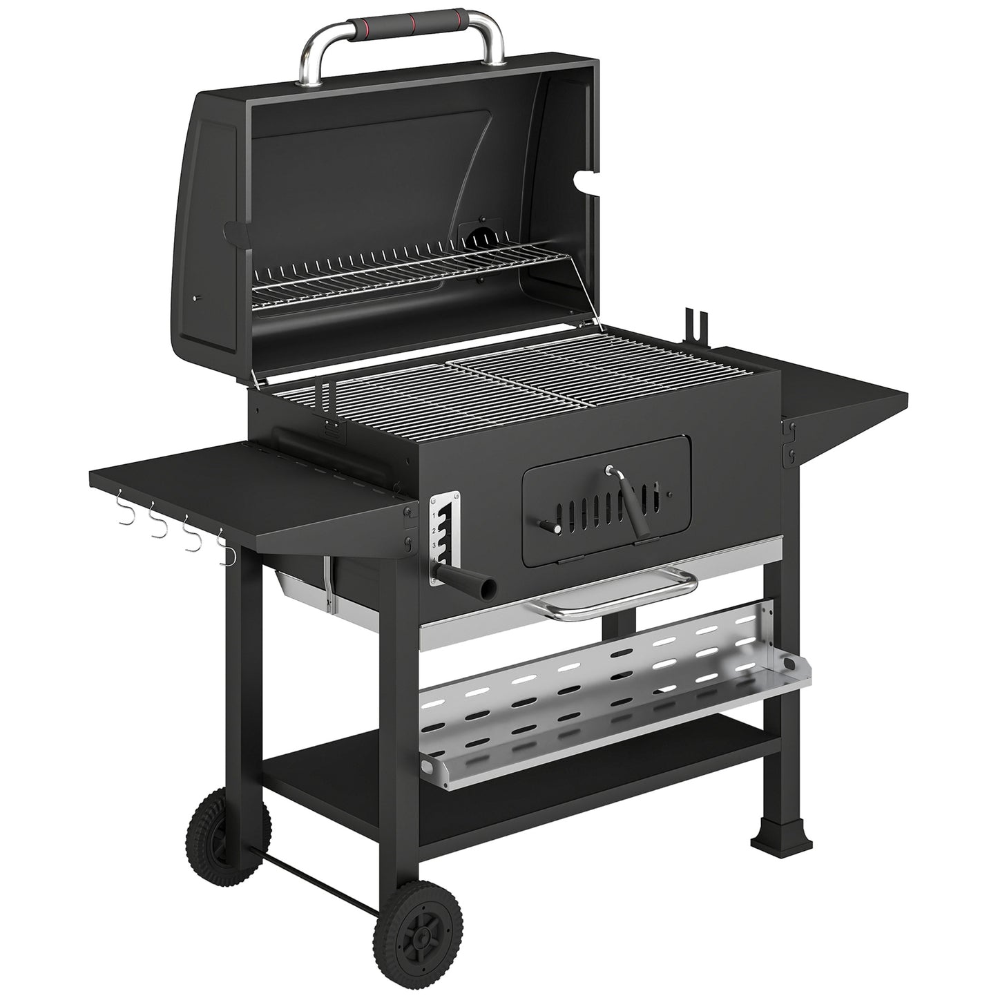 Photo of Outsunny Charcoal BBQ Grill Smoker with Electric Rotisserie Kit, Portable Barbecue Grill with Warming Rack, Black in Black colour on a white background