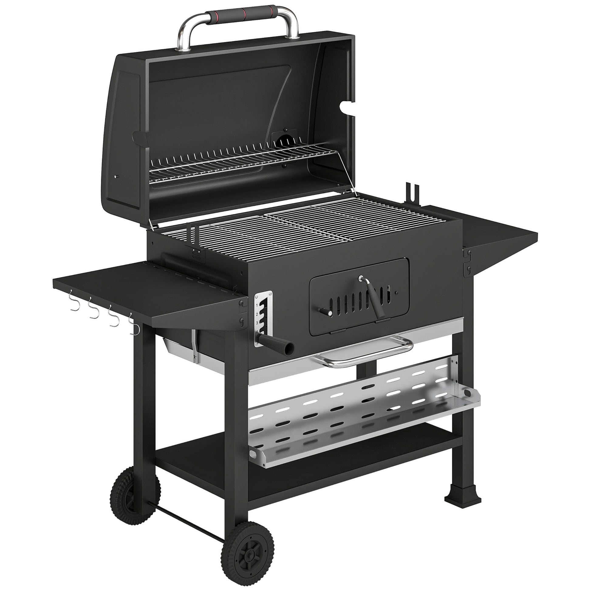 Photo of Outsunny Charcoal BBQ Grill Smoker with Electric Rotisserie Kit, Portable Barbecue Grill with Warming Rack, Black in Black colour on a white background