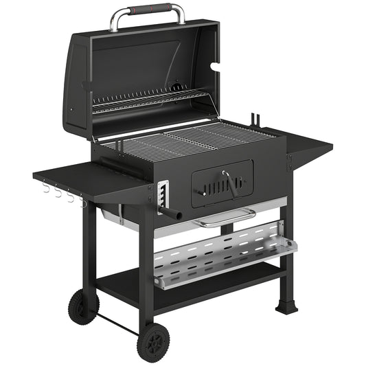 Photo of Outsunny Charcoal BBQ Grill Smoker with Electric Rotisserie Kit, Portable Barbecue Grill with Warming Rack, Black in Black colour on a white background