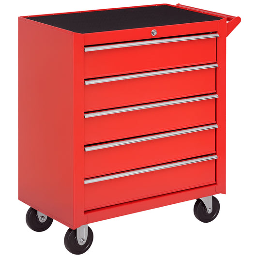 DURHAND red five-drawer tool cabinet with lock, side handle, and caster wheels