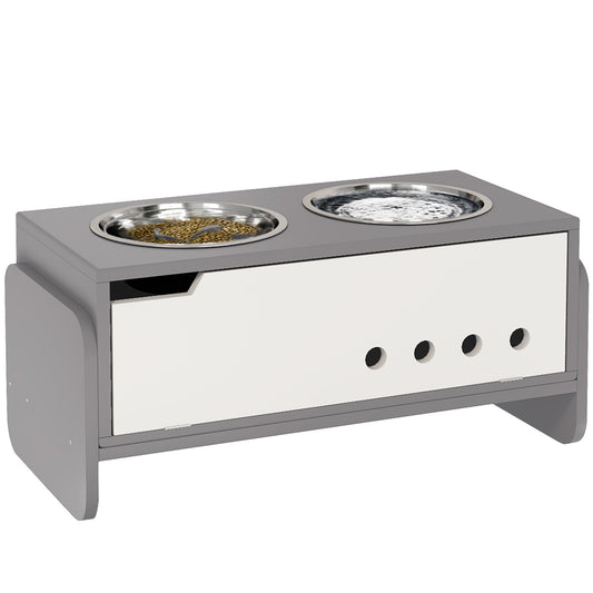 Photo of PawHut 3 Height Adjustable Raised Dog Bowls, Dog Feeding Storage Station w/ Slow Feeder Mat, 2 Stainless Steel Bowls in Bowls colour on a white background