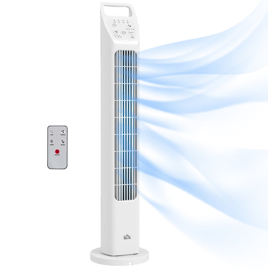 Photo of HOMCOM 31" Oscillating Tower Fan with Remote Control, 4H Timer, 3 Speed 3 Modes, Quiet Electric Floor Standing Fan for Home Bedroom Office, White in White colour on a white background