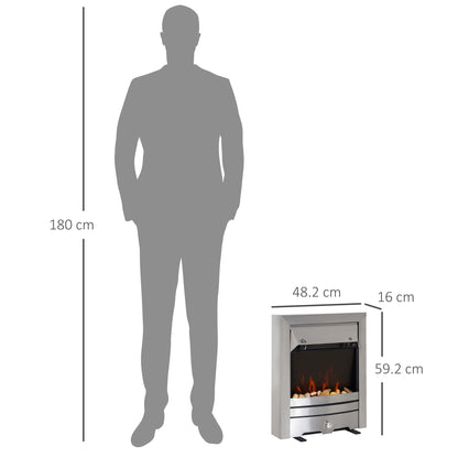 Stainless steel electric fireplace heater with flame effect, shown with dimensions of 48.2 × 16 × 59.2 cm