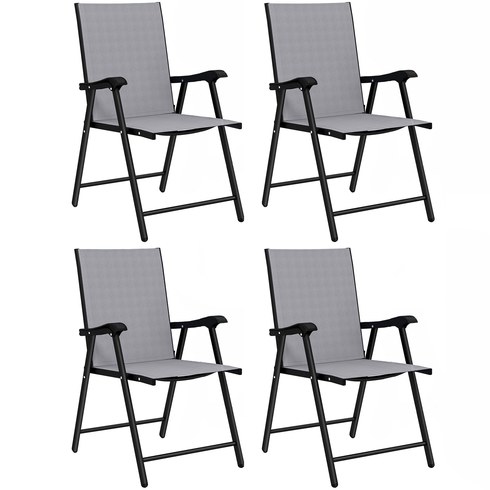 Photo of Outsunny Folding Garden Chairs Set of 4, Foldable Garden Dining Chairs with High Back, Armrests, Texteline Seat, Light Grey in Grey colour on a white background