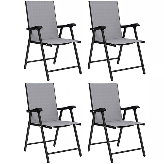 Photo of Outsunny Folding Garden Chairs Set of 4, Foldable Garden Dining Chairs with High Back, Armrests, Texteline Seat, Light Grey in Grey colour on a white background