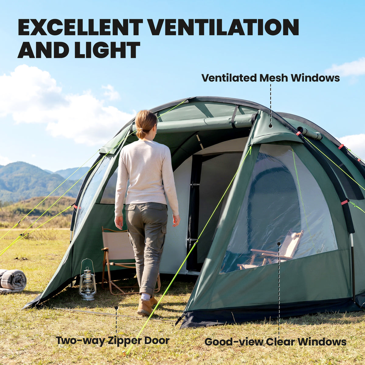 Outsunny green tunnel tent with clear windows, mesh ventilation panels, and zippered door