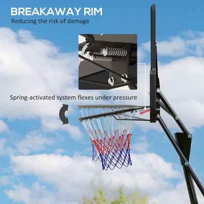 Basketball hoop with spring-loaded breakaway rim and red-white-blue net
