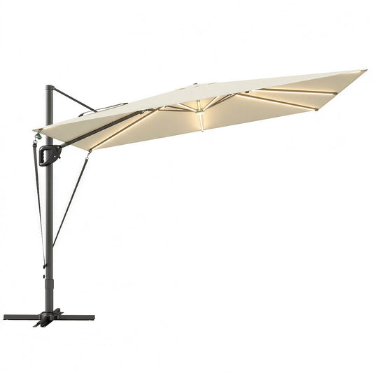 Photo of Outsunny 3 x 3 m Garden Cantilever Parasol w/ Light, Cover, UPF50+ Patio Umbrella w/ Wind Protection, 360° Rotation, Cream White in White colour on a white background