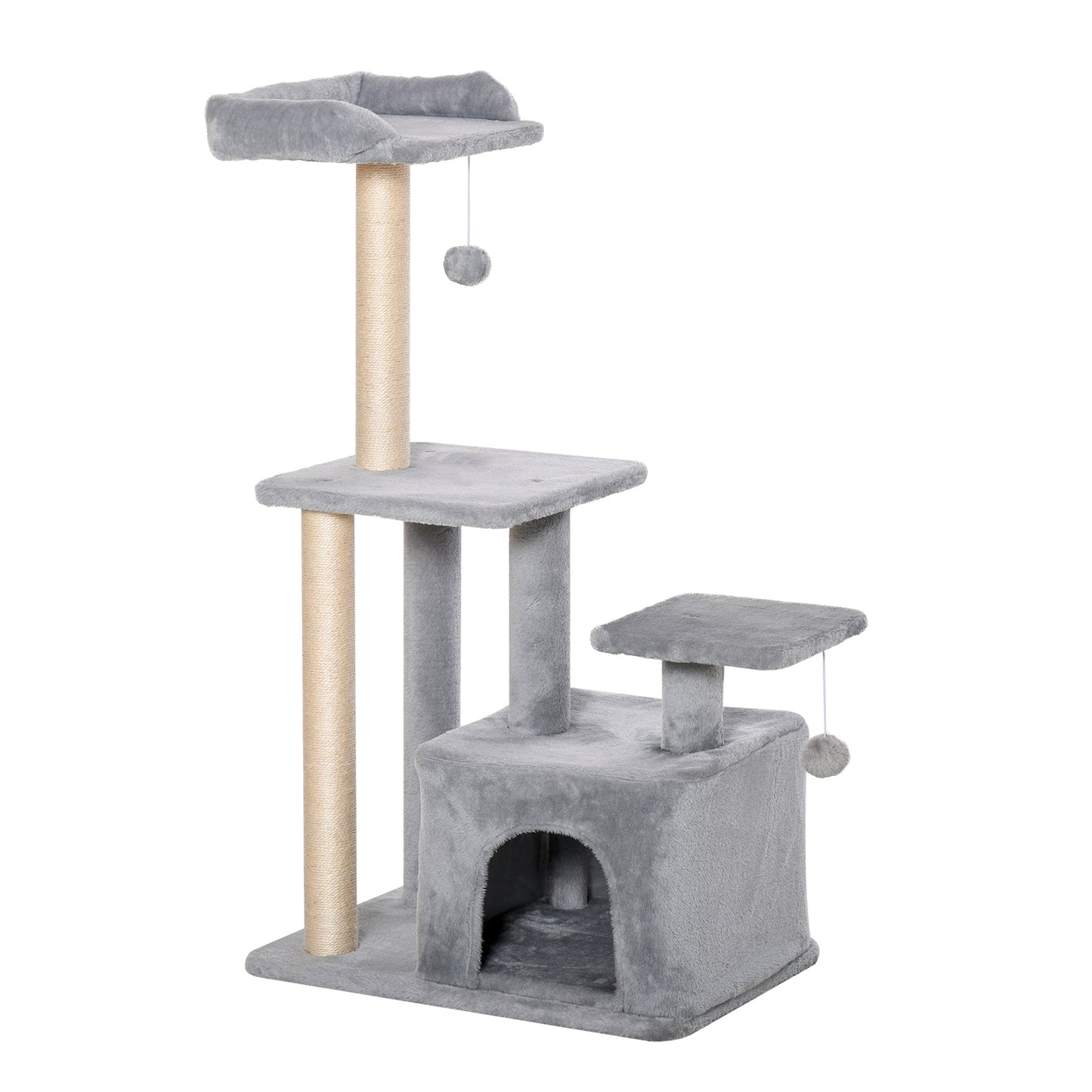 Photo of PawHut Cat Tree Tower for Indoor Cats 114cm Climbing Activity Centre Kitten with Sisal Scratching Post Perch Hanging Ball Condo Toy Light Grey in Grey colour on a white background