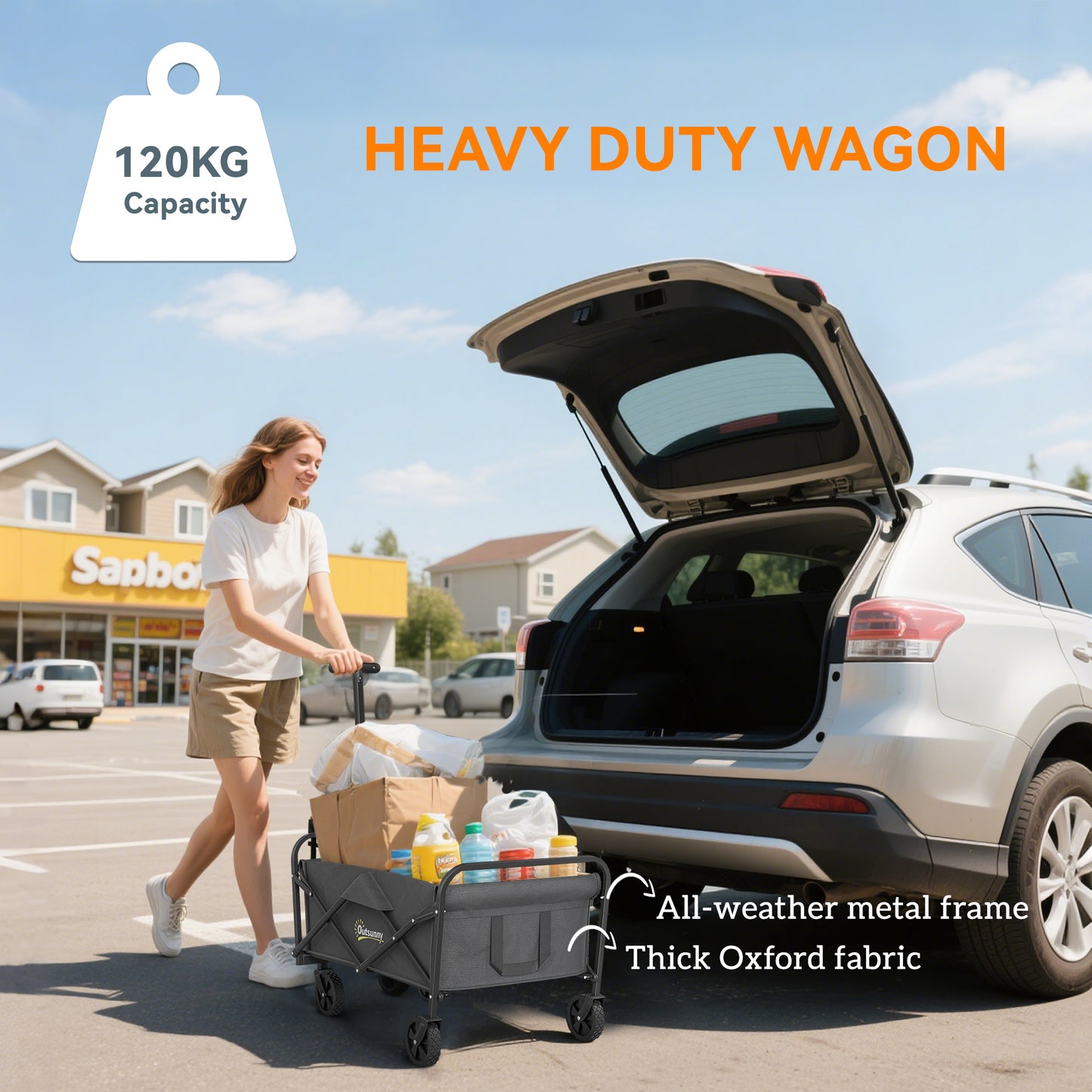 Outsunny 93L Festival Trolley on Wheels, Garden Folding Trolley Cart, 120kg Heavy Duty Collapsible Folding Wagon with Adjustable Handle and Carrying Bag for Beach, Camping, Festival, Grey